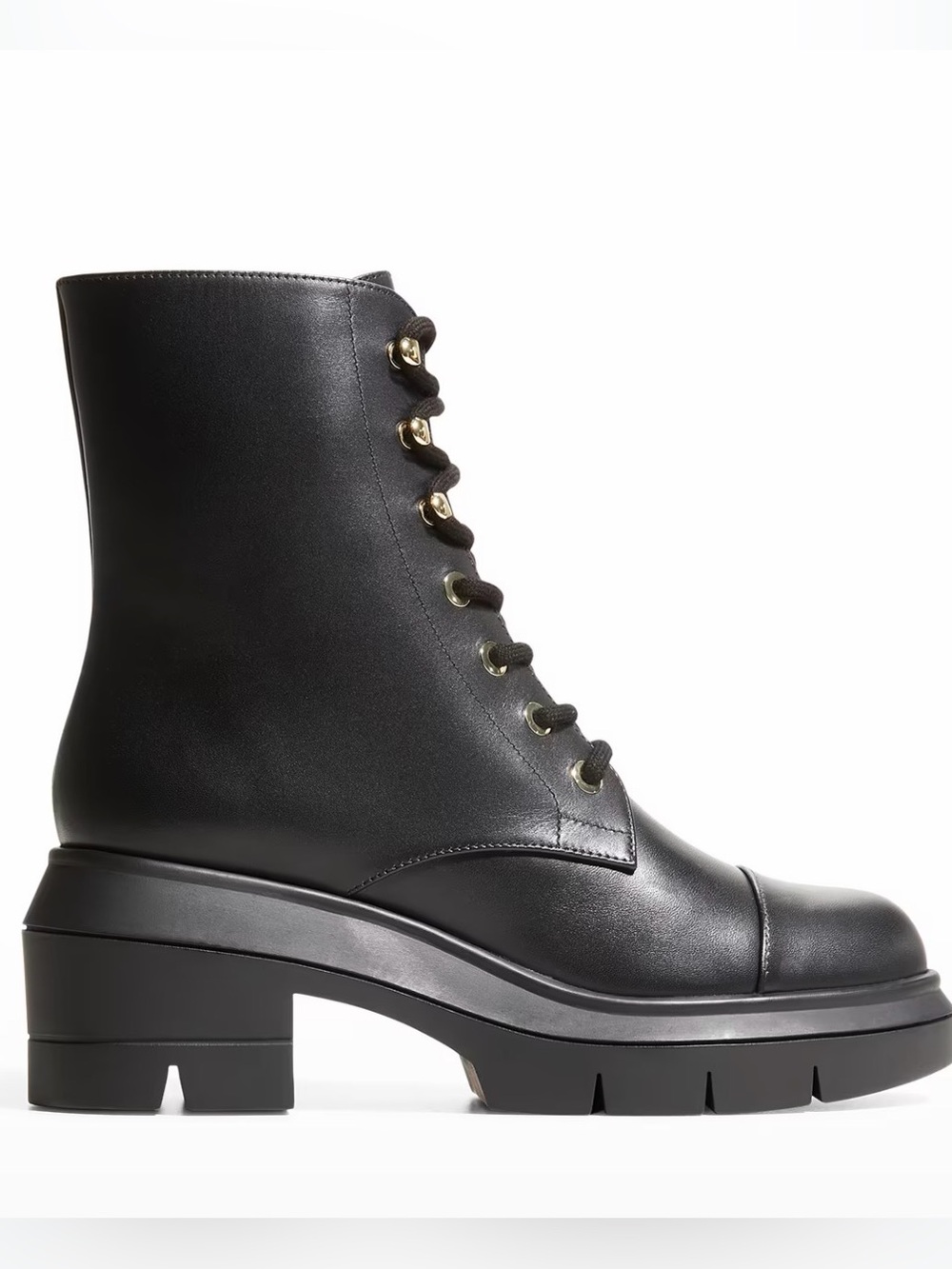 STUART WEITZMAN “Nisha” Black Leather Lace-Up Heeled Combat Boots: Sz 6.5